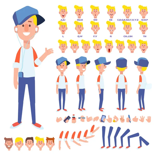Vorne Seite Rückseite Animierte Figur Teenager Jungen Charakterset Mit Verschiedenen — Stockvektor