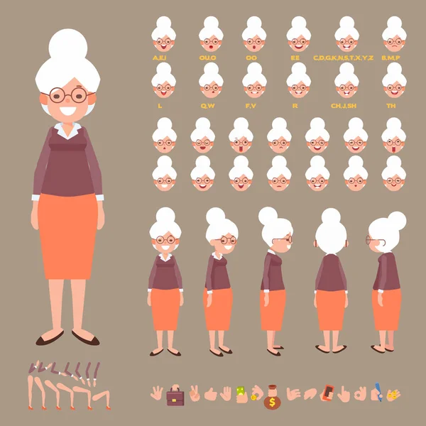 Ön, yan, arkadan görünüm animasyon karakter. Yaşlı kadın karakter yaratma çeşitli görünümler, saç modelleri, yüz duygular, pozlar ve hareketleri ile ayarla. Karikatür tarzı, düz vektör çizim. 