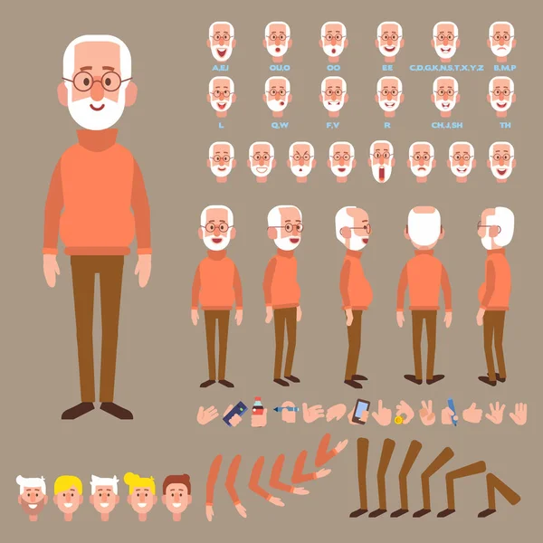 Přední Boční Zadní Pohled Animovaný Charakter Vytváření Znaků Starší Muž — Stockový vektor