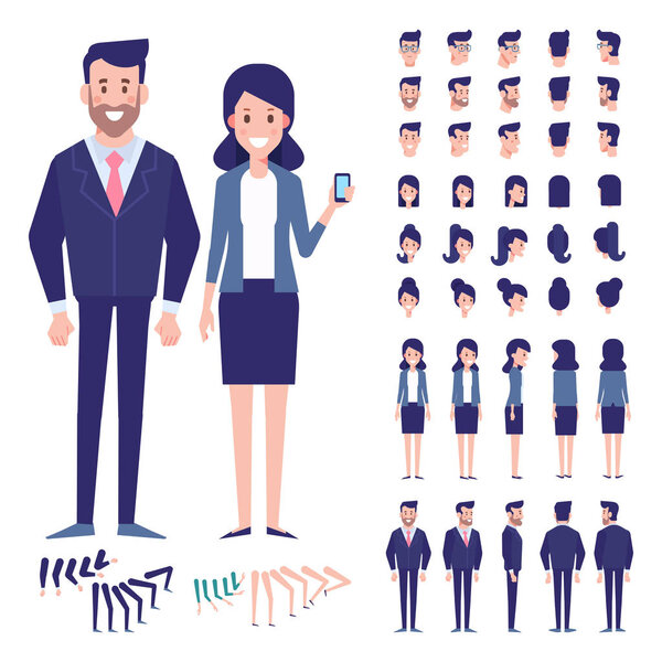 Front, side, back, 3 / 4 view animated characters.Business people couple creation set with various views, hairstyles, faces. Части тела искушают к обозначению в стиле мультфильма, плоской векторной иллюстрации
.