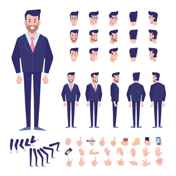 Fronte Lato Retro Vista Personaggio Animato Creazione Personaggi Uomo Affari — Vettoriale Stock