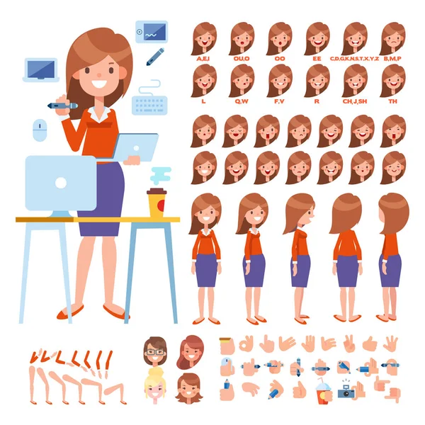 Frente Lado Vista Trasera Personaje Animado Diseñador Creación Personajes Mujer — Vector de stock