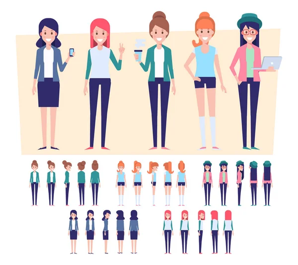 Flat Vector Girls Personagens Visão Frontal Lateral Traseira Para Animação —  Vetores de Stock