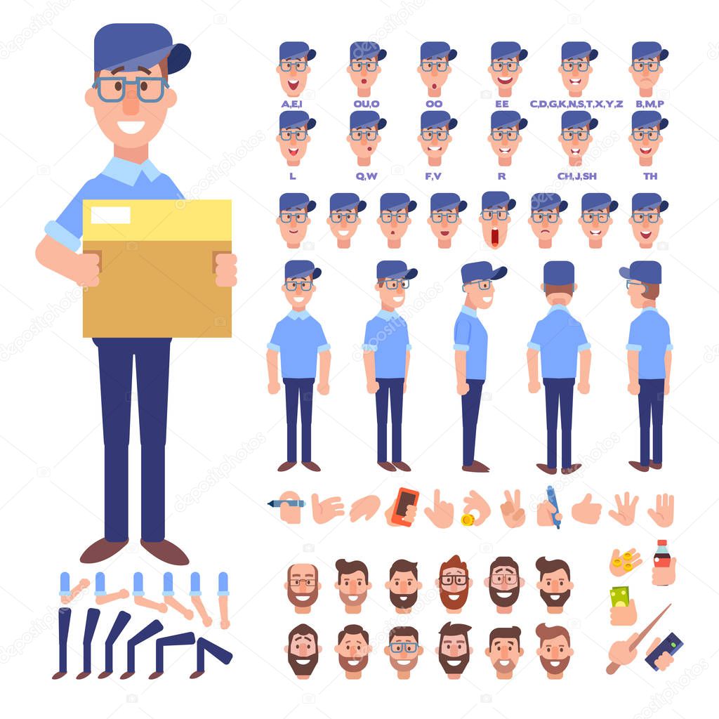 Front, side, back view animated character. Courier young man character creation set with various views, hairstyles, face emotions, poses and gestures. Cartoon style, flat vector illustration. 