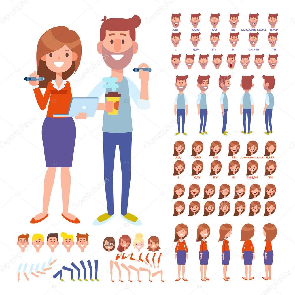 Front, side, back view animated characters. Man and female designers creation set with various views, face emotions, poses. Cartoon style, flat vector illustration. 