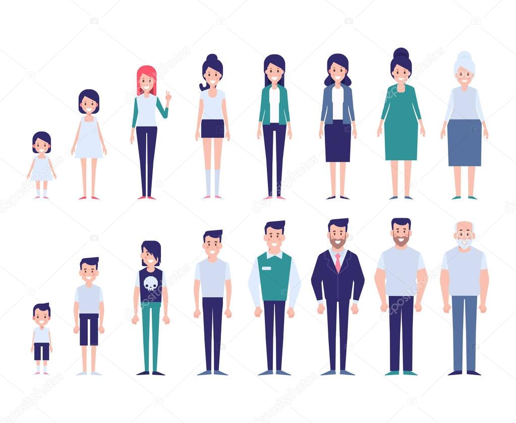 Set of characters in a flat style. Men and women characters, the cycle of life.