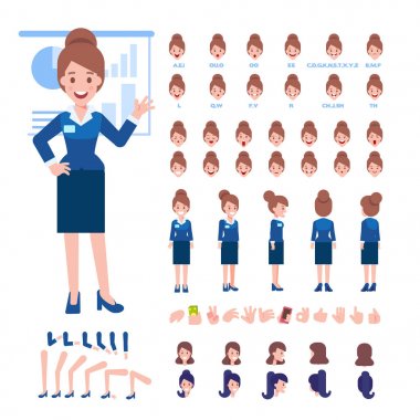 Ön, yan, geri, 3/4 görünüm animasyon karakter. Çeşitli görünümler, saç modelleri, dudak senkronizasyon, yüz duygular ve hareketleri ile grubu iş kadın karakter oluşturma. Karikatür tarzı, düz vektör çizim.
