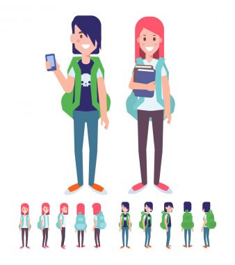 Ön, yan, arka profili animasyon karakter. okul çocuk ve okul kız karakter.