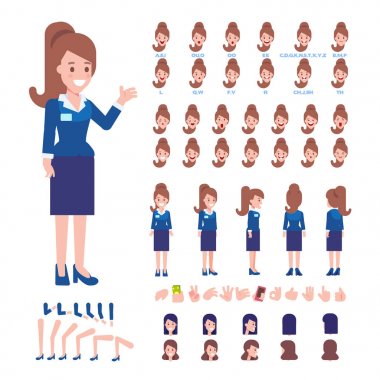 Ön, yan, geri, 3/4 görünüm animasyon karakter. Çeşitli görünümler, saç modelleri, dudak senkronizasyon, yüz duygular ve hareketleri ile grubu iş kadın karakter oluşturma. Karikatür tarzı, düz vektör çizim.