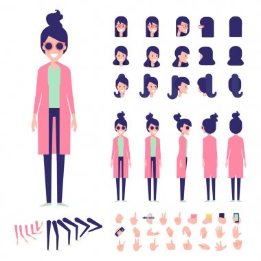 Ön, yan, arkadan görünüm animasyon karakter. Kadın karakter yaratma çeşitli görünümler, saç modelleri, yüz duygular, pozlar ve hareketleri ile ayarla. Karikatür tarzı, düz vektör 