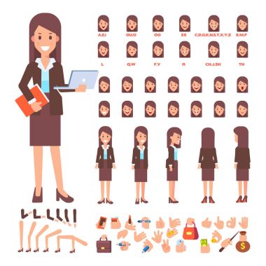 Senin sahneleri için iş kadın karakter. Çeşitli görünümler, yüz duygular, dudak senkronizasyon, pozlar ve hareketleri ile grubu karakter oluşturma. Tasarım çalışmaları ve animasyon için vücut şablon bölümleri.