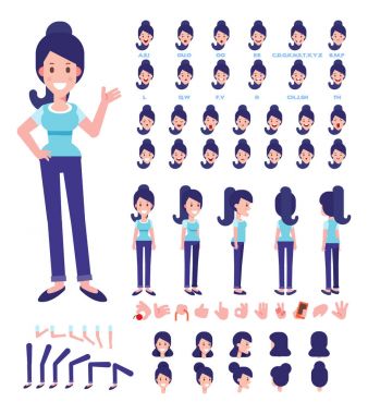 Ön, yan, arkadan görünüm animasyon karakter. Kadın karakter yaratma çeşitli görünümler, saç modelleri, yüz duygular, pozlar ve hareketleri ile ayarla. Karikatür tarzı, düz vektör 