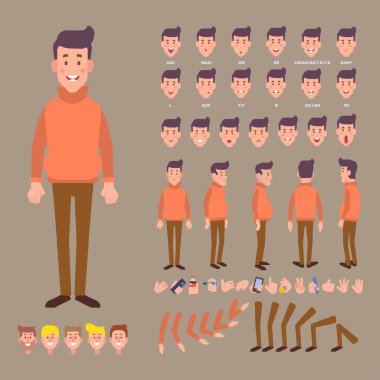 Genç adam vektör karakter. Ön, yan, arkadan görünüm. Oluşturma çeşitli görünümler, yüz duygular, dudak senkronizasyon, pozlar ve hareketleri ile ayarlayın. Karikatür tarzı, düz vektör çizim.