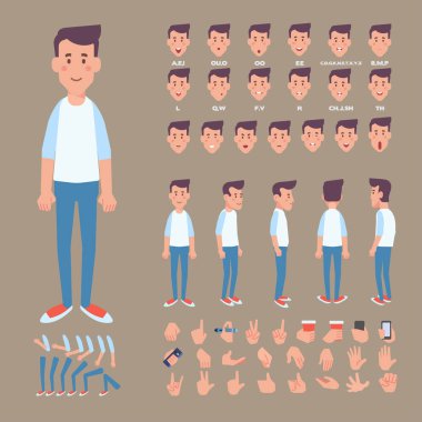 Genç adam vektör karakter. Ön, yan, arkadan görünüm. Oluşturma çeşitli görünümler, yüz duygular, dudak senkronizasyon, pozlar ve hareketleri ile ayarlayın. Karikatür tarzı, düz vektör çizim.