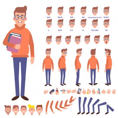 Ön, yan, arkadan görünüm animasyon karakter. Geek karakter yaratma çeşitli sayısı, yüz duygu ve hareketleri ile ayarla. Karikatür tarzı, düz vektör çizim.