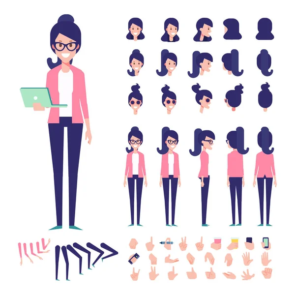 Frente Lado Vista Trasera Personaje Animado Chica Geek Creación Personajes — Vector de stock