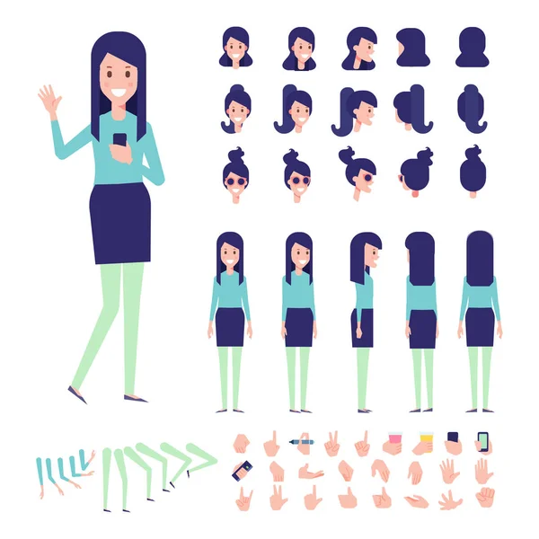 后视图动画字符 女性人物创作集各种观点 面部表情 姿势和手势 卡通风格 平面矢量 — 图库矢量图片