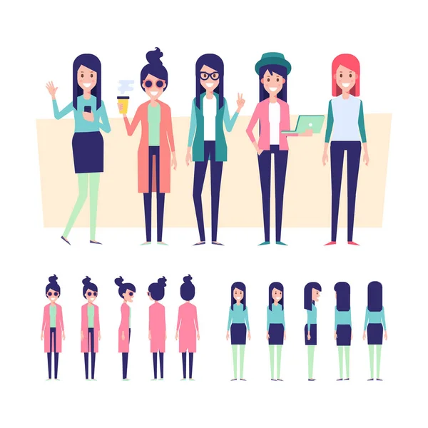 Fashion Girl Vector Characters Front Side Back View Animated Character — Stock Vector