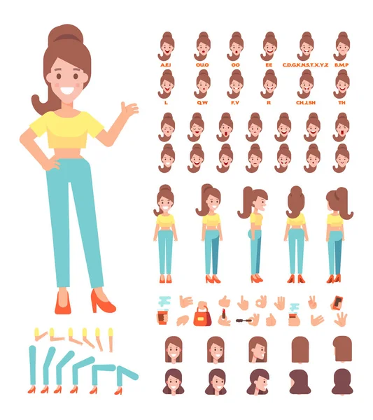 Přední Boční Zadní Pohled Animovaný Charakter Vytváření Znaků Žena Různými — Stockový vektor