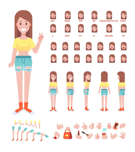 Frente Lado Vista Trasera Personaje Animado Creación Personajes Chica Joven — Vector de stock