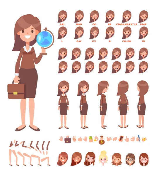 Yan Arkadan Görünüm Animasyon Karakter Genç Kadın Öğretmen Çeşitli Görünümler — Stok Vektör