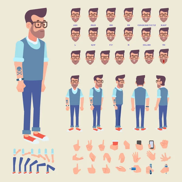 Ön, yan, arkadan görünüm animasyon karakter. Hipster adam çeşitli sayısı, yüz duygu ve hareketleri ile grubu oluşturma. Karikatür tarzı, düz vektör çizim.