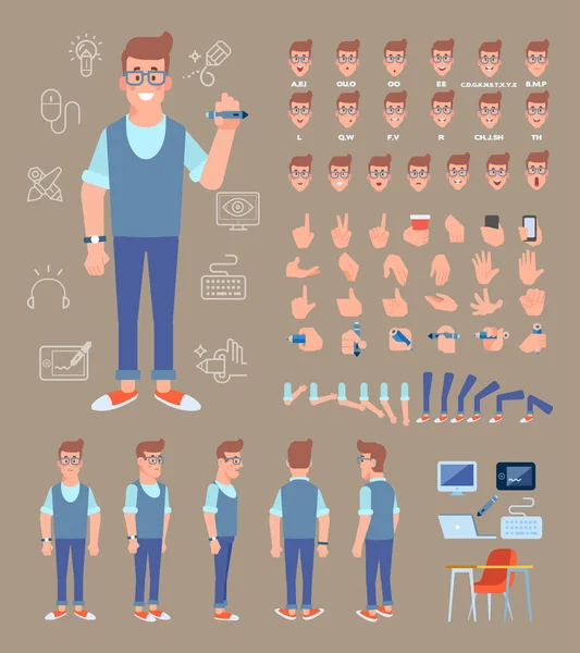 Спереди Сбоку Вид Сзади Анимированный Персонаж Мужской Дизайнер Создание Персонажа — стоковый вектор