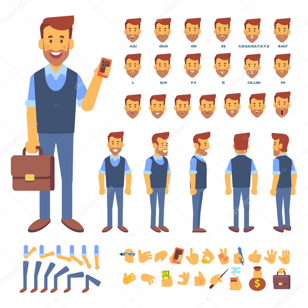 Front, side, back view animated character. Male manager character creation set with various views, hairstyles, face emotions, poses and gestures. Cartoon style, flat vector illustration.