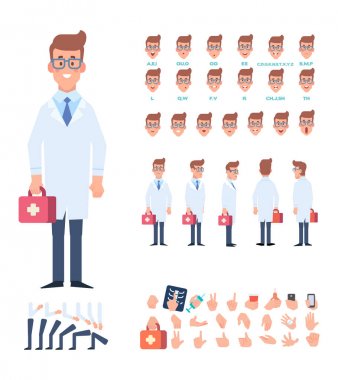 Senin sahneleri için doktor karakter. Çeşitli görünümler, yüz duygular, dudak senkronizasyon, pozlar ve hareketleri ile grubu karakter oluşturma. Tasarım çalışmaları ve animasyon için vücut şablon bölümleri.