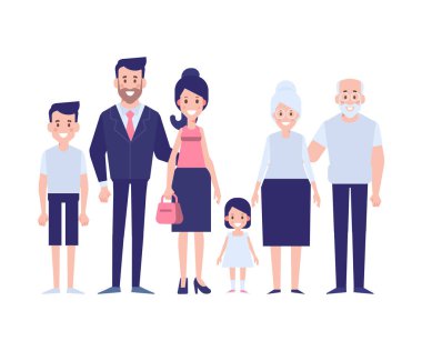 Mutlu aile birlikte - büyükbaba, büyükanne, anne, baba, çocuklar. Vektör karakter düz stil içinde animasyon için iyi ayarla. Karikatür tarzı.