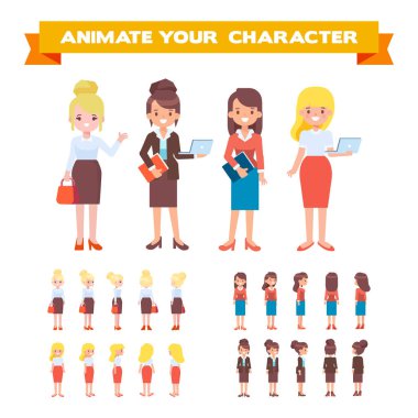 Ön, yan, arkadan görünüm hareketli kadın karakterleri. Karikatür tarzı, düz vektör çizim .