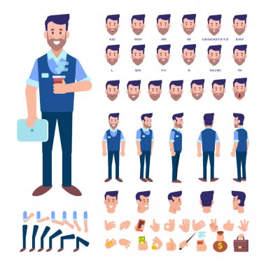 Ön, yan, arkadan görünüm animasyon karakter. Çeşitli görünümler, saç modelleri, pozlar ve hareketleri ile grubu iş adam karakter oluşturma. Karikatür tarzı, düz vektör çizim.