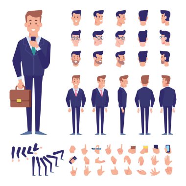 Ön, yan, arkadan görünüm animasyon karakter. Çeşitli görünümler, saç modelleri, pozlar ve hareketleri ile grubu iş adam karakter oluşturma. Karikatür tarzı, düz vektör çizim.