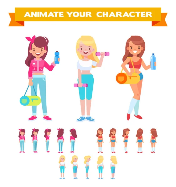 Frente Lado Vista Traseira Personagens Meninas Desportivas Desenhos Animados Estilo — Vetor de Stock