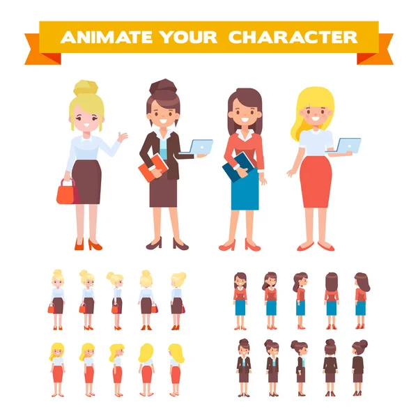 Frente Lado Vista Trasera Personajes Femeninos Animados Estilo Dibujos Animados — Vector de stock
