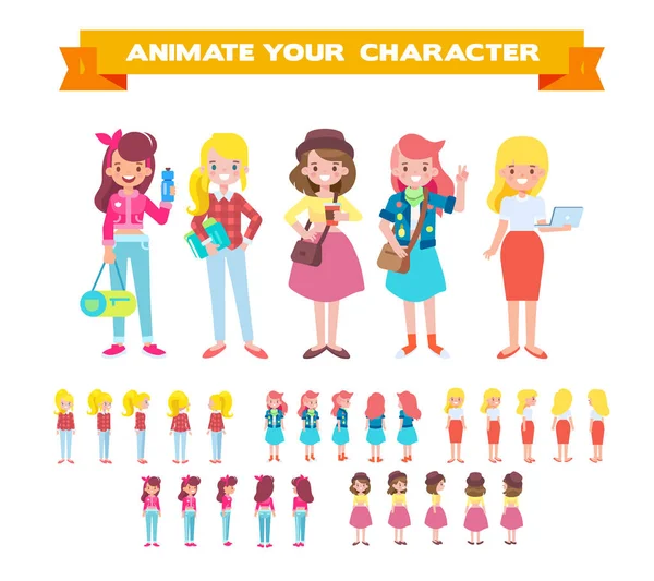 Frente Lado Vista Trasera Personajes Femeninos Animados Estilo Dibujos Animados — Vector de stock