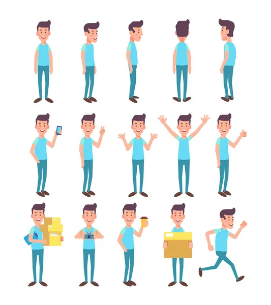 Set Young Man Different Poses Vector Cartoon Character Flat Style — Stock Vector
