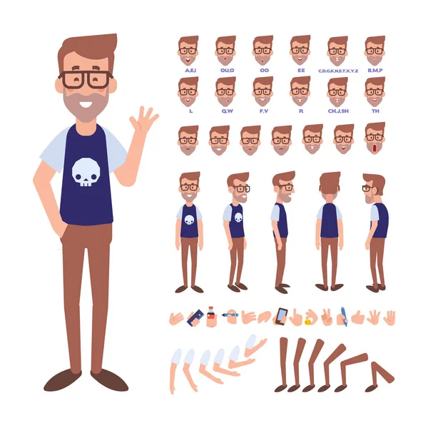 Frente Lado Vista Trasera Personaje Animado Creación Personajes Geek Con — Vector de stock