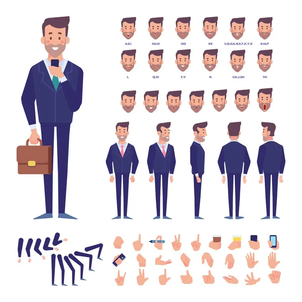Ön, yan, arkadan görünüm animasyon karakter. Çeşitli görünümler, saç modelleri, pozlar ve hareketleri ile grubu iş adam karakter oluşturma. Karikatür tarzı, düz vektör çizim.
