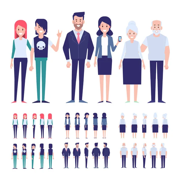 Vector People Animation Flat Vector Style Front Side Back View — Stock Vector