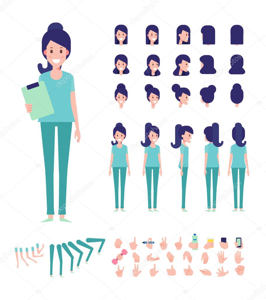 Front, side, back view animated character. Female doctor character creation set with various views, hairstyles, face emotions, poses and gestures. Cartoon style, flat vector illustration.