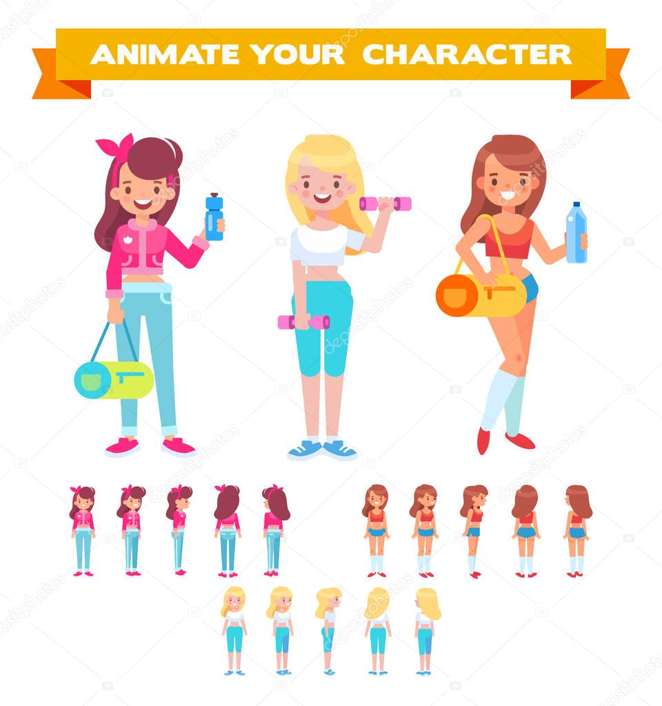 Front, side, back view sporty girls characters. Cartoon style, flat vector illustration .