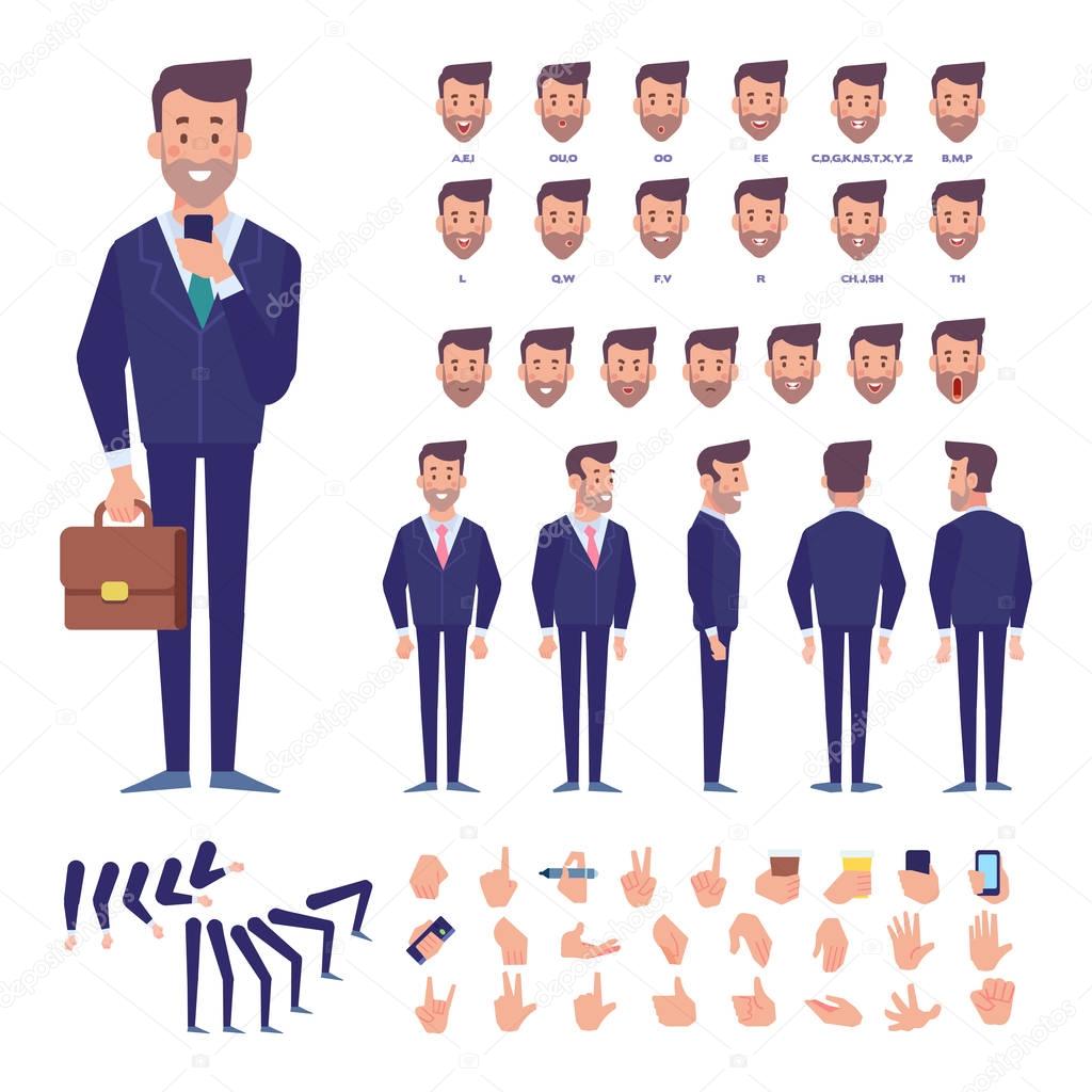 Front, side, back view animated character. Business man character creation set with various views, hairstyles, poses and gestures. Cartoon style, flat vector illustration.