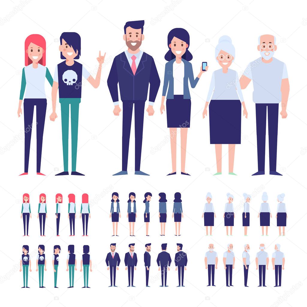 Vector people for animation. Flat vector style. Front, side, back view characters.