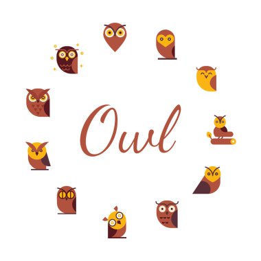 Vektör yuvarlak çerçeve baykuşlar simgesi olan. Karikatür tarzı, düz vektör çizim.