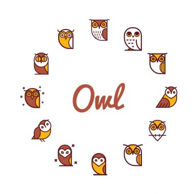 Vektör yuvarlak çerçeve baykuşlar simgesi olan. Karikatür tarzı, düz vektör çizim.