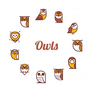 Vektör yuvarlak çerçeve baykuşlar simgesi olan. Karikatür tarzı, düz vektör çizim.