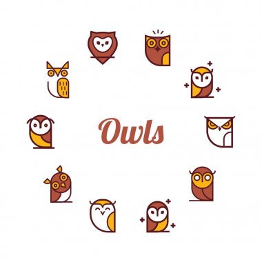 Vektör yuvarlak çerçeve baykuşlar simgesi olan. Karikatür tarzı, düz vektör çizim.