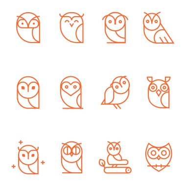 Baykuş anahat simgeleri koleksiyonu. Anahat baykuşlar ayarla ve Amblemler tasarım öğeleri için okullar, eğitim işaretler. Benzersiz gösterim amacıyla tasarım.