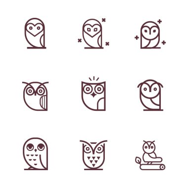 Baykuş anahat simgeleri koleksiyonu. Anahat baykuşlar ayarla ve Amblemler tasarım öğeleri için okullar, eğitim işaretler. Benzersiz gösterim amacıyla tasarım.